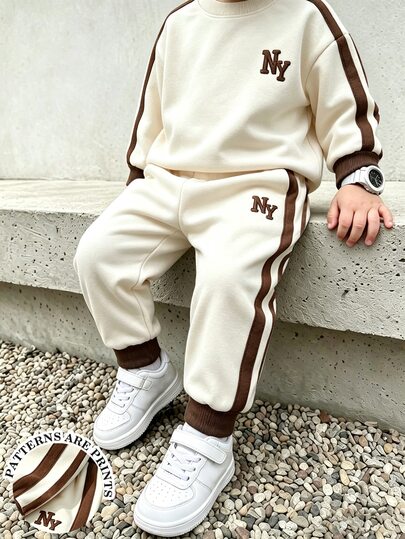 SHEIN 2pcs/Set Young Boy Fashion Crew Neck Sweatshirt & Long Pants Sports Outfit, Contrast Striped Design With Fashionable NY Letter Graphic, Suitable For Holiday Party, 5-15°C Spring/Autumn/Winter, Comfortable And Casual, First Choice For Young Boys Spring/Autumn/Winter Streetwear