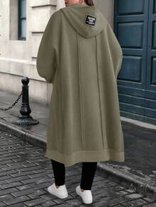 EMERY ROSE Plus Size Women's Letter Print Denim Long Sleeve Zip-Up Hooded Jacket - Khaki - View 2