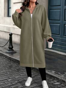 EMERY ROSE Plus Size Women's Letter Print Denim Long Sleeve Zip-Up Hooded Jacket - Khaki - View 6
