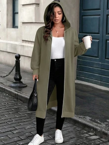 EMERY ROSE Plus Size Women's Letter Print Denim Long Sleeve Zip-Up Hooded Jacket - Khaki - View 7