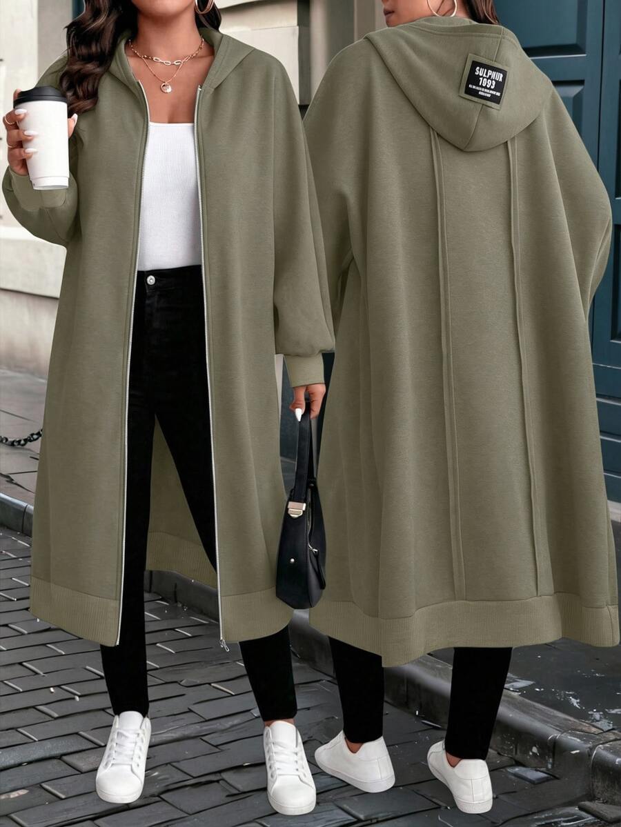 EMERY ROSE Plus Size Women's Letter Print Denim Long Sleeve Zip-Up Hooded Jacket - Khaki - View 1