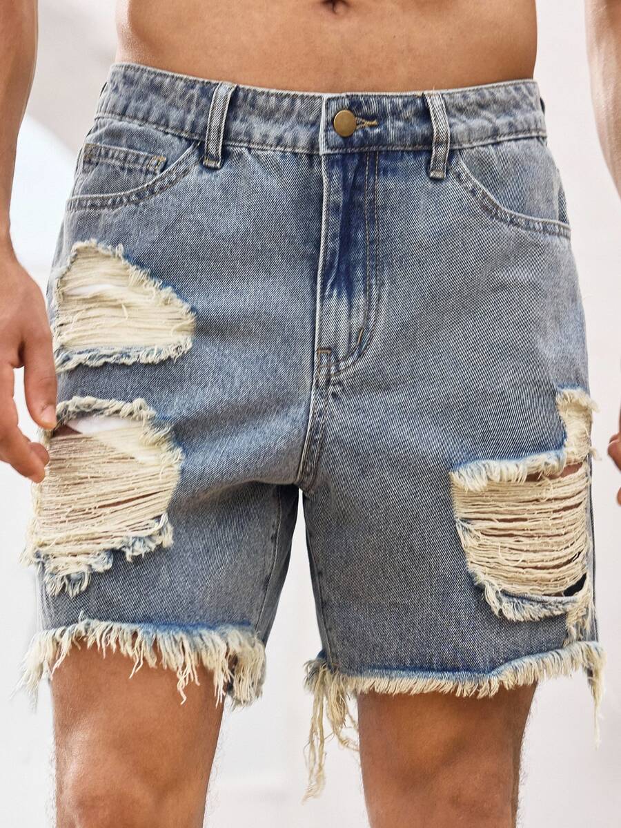 COMVAIL Plus Size Men's Casual Distressed Pocket Frayed Hem Denim Shorts Ripped Distressed Denim Shorts Jorts Frayed Hem Shorts, Vacation, Father's Day Gifts - Blue - View 1