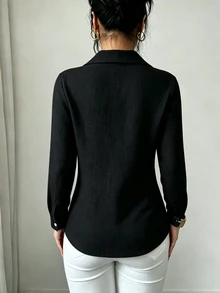 Elenzga 女款純色長袖單排扣側腰綁帶襯衫 - 黑色 - 查看 6