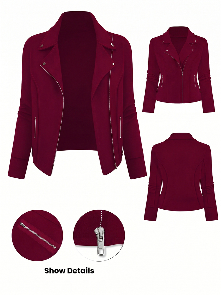 SHEIN LUNE Plus Size Women Solid Color Zipper Front Casual Versatile Street Style Motorcycle Jacket - Hot Pink - View 8