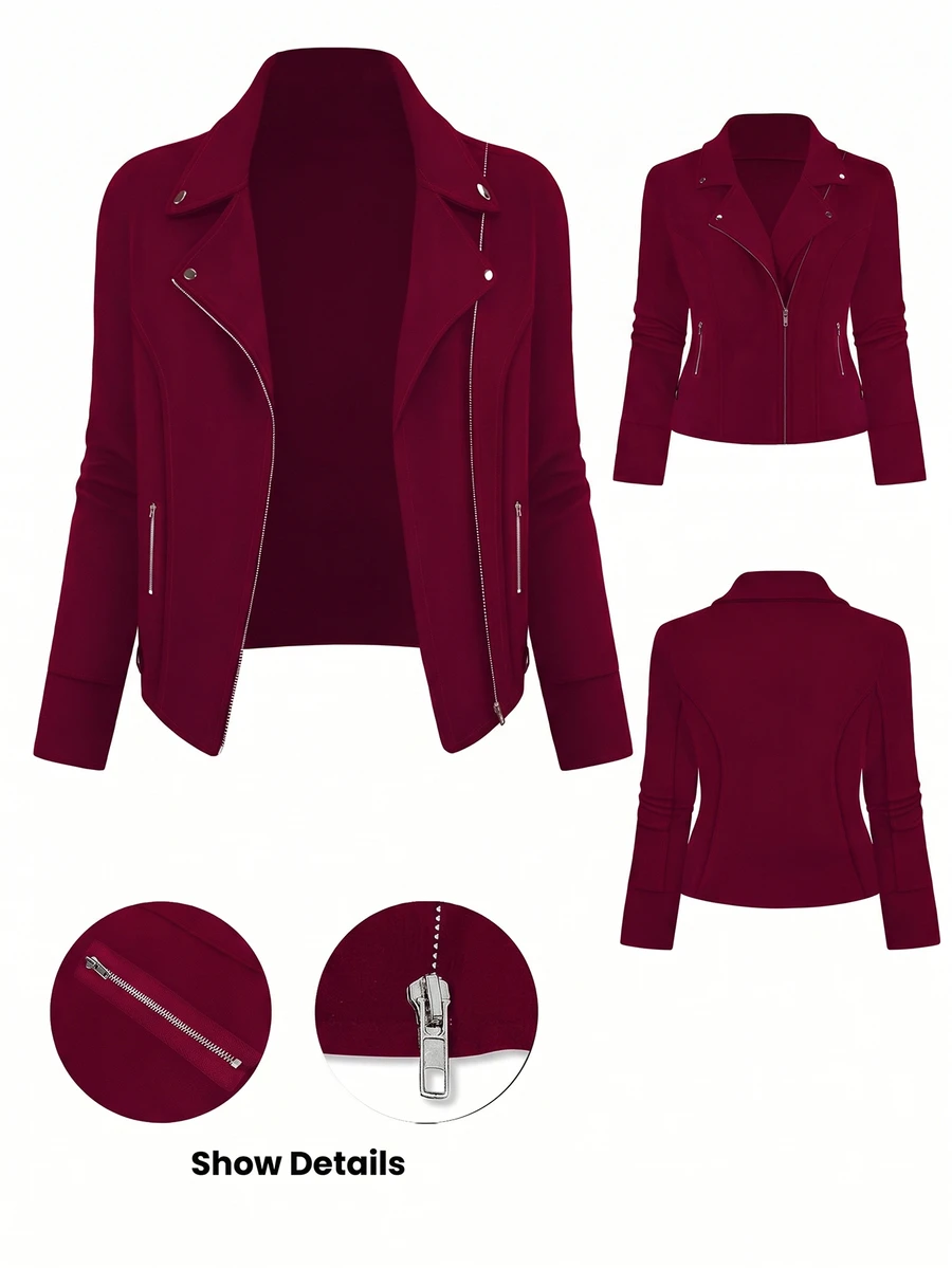 SHEIN LUNE Plus Size Women Solid Color Zipper Front Casual Versatile Street Style Motorcycle Jacket - Hot Pink - View 1