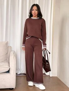 SHEIN PETITE 女款純色圓領長袖毛衣與長褲休閒正裝套裝，秋冬季 - 棕色 - 查看 6