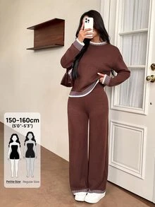 SHEIN PETITE 女款純色圓領長袖毛衣與長褲休閒正裝套裝，秋冬季 - 棕色 - 查看 1
