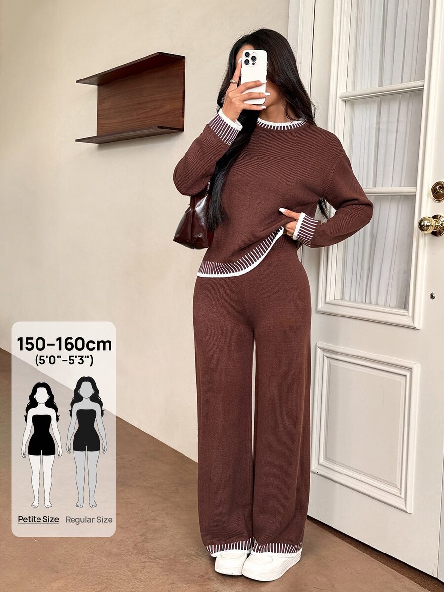 SHEIN PETITE 女款純色圓領長袖毛衣與長褲休閒正裝套裝,秋冬季 - 棕色 - 查看 1