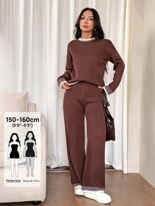 SHEIN PETITE 女款純色圓領長袖毛衣與長褲休閒正裝套裝，秋冬季 - 棕色 - 查看 8