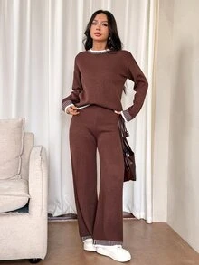 SHEIN PETITE 女款純色圓領長袖毛衣與長褲休閒正裝套裝，秋冬季 - 棕色 - 查看 4