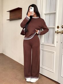 SHEIN PETITE 女款純色圓領長袖毛衣與長褲休閒正裝套裝，秋冬季 - 棕色 - 查看 3