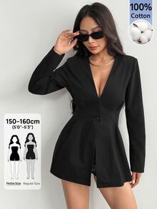 SHEIN PETITE 女款純色深V領長袖單扣時尚西裝領黑色洋裝 - 黑色 - 查看 8