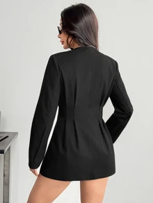 SHEIN PETITE 女款純色深V領長袖單扣時尚西裝領黑色洋裝 - 黑色 - 查看 11
