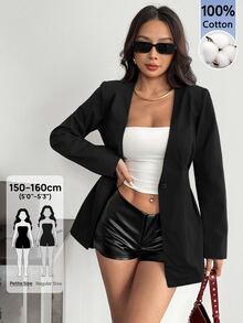 SHEIN PETITE 女款純色深V領長袖單扣時尚西裝領黑色洋裝 - 黑色 - 查看 1