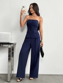 SHEIN PETITE 1套純色修身細肩帶上衣與優雅辦公酒會風海軍藍夏季套裝 - 藍色 - 查看 6