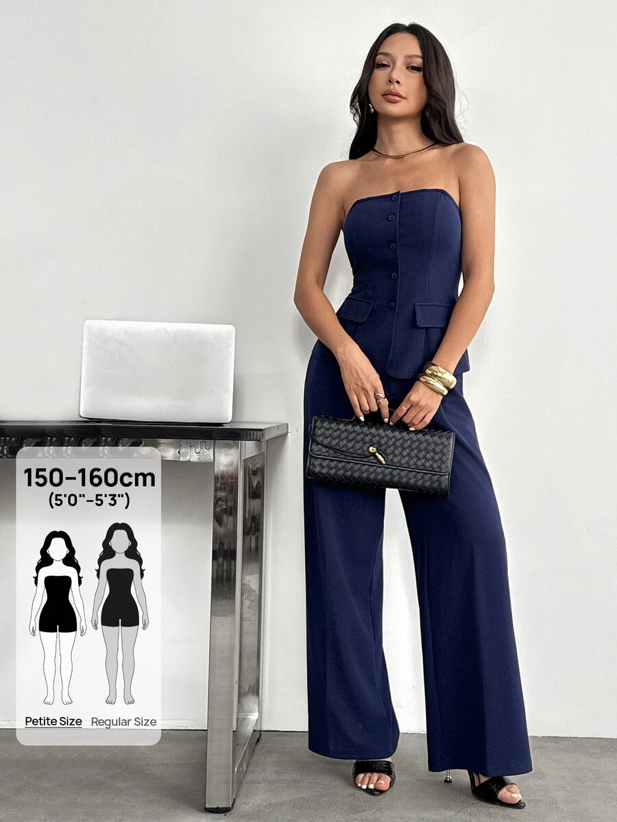 SHEIN PETITE 1套純色修身細肩帶上衣與優雅辦公酒會風海軍藍夏季套裝 - 藍色 - 查看 1