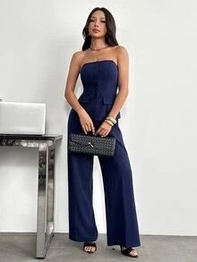 SHEIN PETITE 1套純色修身細肩帶上衣與優雅辦公酒會風海軍藍夏季套裝 - 藍色 - 查看 9