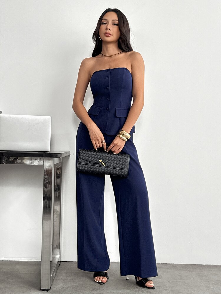 SHEIN PETITE 1 Set Solid Color Fitted Camisole Top And Elegant Office Cocktail Navy Blue Summer - Blue - View 9