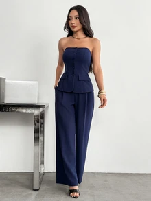 SHEIN PETITE 1套純色修身細肩帶上衣與優雅辦公酒會風海軍藍夏季套裝 - 藍色 - 查看 5