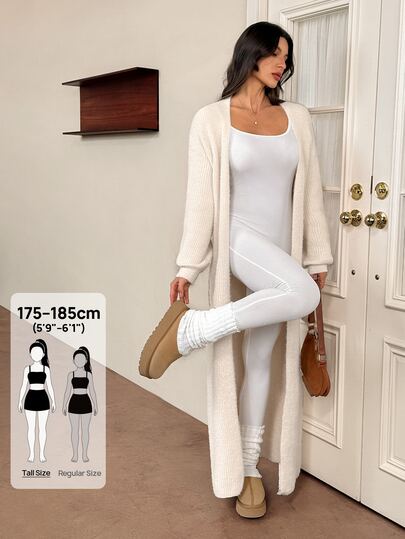 SHEIN Tall Cardigan largo y esponjoso color albaricoque, cardigan de punto casual de unicolor para mujer, ropa de otoño para mujer, ropa de invierno para mujer, suéter para mujer, tela suave y cómoda, simple y a la moda, estilo vintage