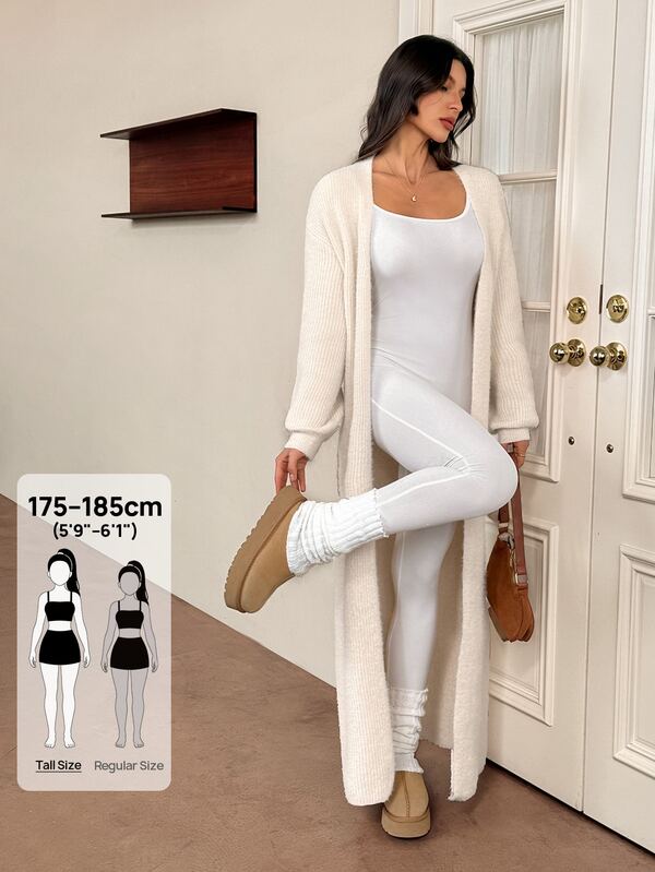 SHEIN Tall Cardigan largo y esponjoso color albaricoque, cardigan de punto casual de unicolor para mujer, ropa de otoño para mujer, ropa de invierno para mujer, suéter para mujer, tela suave y cómoda, simple y a la moda, estilo vintage
