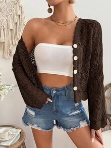 SHEIN VCAY 女款素色休閒百搭日常穿著長袖開襟衫 - 鏽棕色 - 查看 7