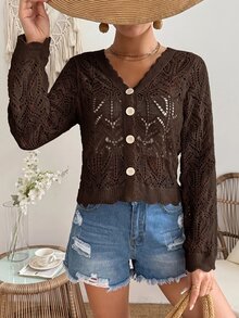 SHEIN VCAY 女款素色休閒百搭日常穿著長袖開襟衫 - 鏽棕色 - 查看 4