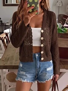 SHEIN VCAY 女款素色休閒百搭日常穿著長袖開襟衫 - 鏽棕色 - 查看 8