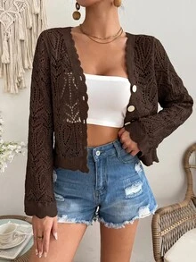 SHEIN VCAY 女款素色休閒百搭日常穿著長袖開襟衫 - 鏽棕色 - 查看 3