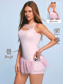 Pariaura Women's Solid Color Contrast Mesh Ruffle Hem Cutout Design Sleeveless Sports Dress With Shorts - Pink - View 6