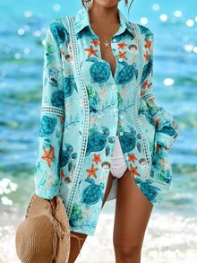 Swim Lushoire 女款夏季新款泳裝海灘度假優雅休閒綠色熱帶海洋花卉對比蕾絲長袖襯衫洋裝和服罩衫，女款通勤襯衫，夏季和服罩衫，適合海灘度假、泳池派對、鄉村、音樂節、復活節、母親節、感恩節、夜店、假日週末野餐 - 綠色 - 查看 6