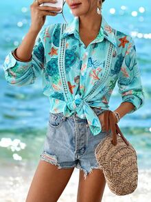 Swim Lushoire 女款夏季新款泳裝海灘度假優雅休閒綠色熱帶海洋花卉對比蕾絲長袖襯衫洋裝和服罩衫，女款通勤襯衫，夏季和服罩衫，適合海灘度假、泳池派對、鄉村、音樂節、復活節、母親節、感恩節、夜店、假日週末野餐 - 綠色 - 查看 8
