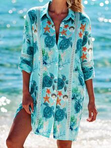 Swim Lushoire 女款夏季新款泳裝海灘度假優雅休閒綠色熱帶海洋花卉對比蕾絲長袖襯衫洋裝和服罩衫，女款通勤襯衫，夏季和服罩衫，適合海灘度假、泳池派對、鄉村、音樂節、復活節、母親節、感恩節、夜店、假日週末野餐 - 綠色 - 查看 1