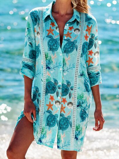 Swim Lushoire Women's New Summer Swimwear Beach Vacation Elegant Casual Green Tropical Ocean Floral Contrast Lace Long Sleeve Shirt Dress Kimono Cover Up, Women's Work Commute Shirt, Summer Kimono Cover Up, Summer Beach Vacation, Pool Party, Country, Music Festival, Easter, Mother's Day, Thanksgiving, Club, Holiday Weekend Picnic