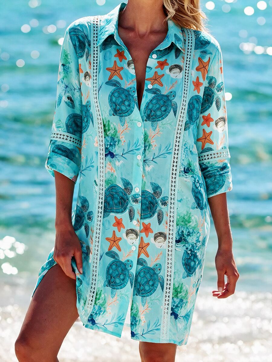 Swim Lushoire 女款夏季新款泳裝海灘度假優雅休閒綠色熱帶海洋花卉對比蕾絲長袖襯衫洋裝和服罩衫,女款通勤襯衫,夏季和服罩衫,適合海灘度假、泳池派對、鄉村、音樂節、復活節、母親節、感恩節、夜店、假日週末野餐 - 綠色 - 查看 1