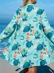 Swim Lushoire 女款夏季新款泳裝海灘度假優雅休閒綠色熱帶海洋花卉對比蕾絲長袖襯衫洋裝和服罩衫，女款通勤襯衫，夏季和服罩衫，適合海灘度假、泳池派對、鄉村、音樂節、復活節、母親節、感恩節、夜店、假日週末野餐 - 綠色 - 查看 2