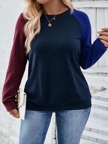 SHEIN LUNE New Plus Size Sweatshirt With Contrast Color Sleeves, Round Neck, Raglan Sleeves WEIYI - Multicolor - View 3