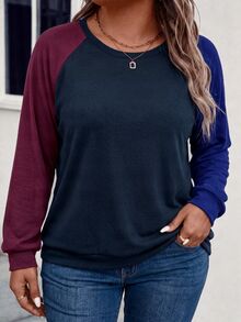 SHEIN LUNE New Plus Size Sweatshirt With Contrast Color Sleeves, Round Neck, Raglan Sleeves WEIYI - Multicolor - View 4
