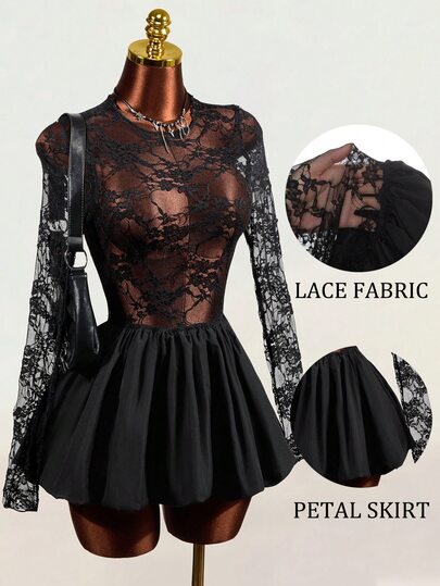 Mistrie Vestido corto sexy de mujer con cuello redondo, manga larga y encaje en contraste, falda con pétalos, vestido elegante para fiesta, otoño e invierno 2026