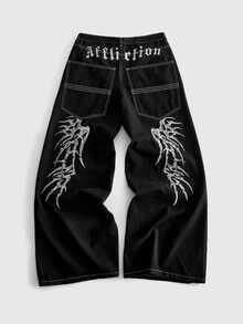 ROMWE MEN Jeans de corte holgado con patrón bordado para hombres - Negro - Ver 2