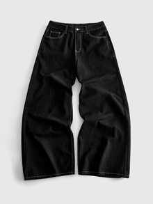 ROMWE MEN Jeans de corte holgado con patrón bordado para hombres - Negro - Ver 3