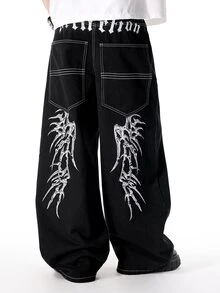ROMWE MEN Jeans de corte holgado con patrón bordado para hombres - Negro - Ver 1