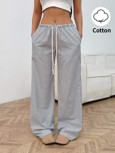 TRNVIE Pink All Cotton Low Waist Drawstring Tie Straight Leg Long Pants Fashion Simple Casual Home Wear Women Spring