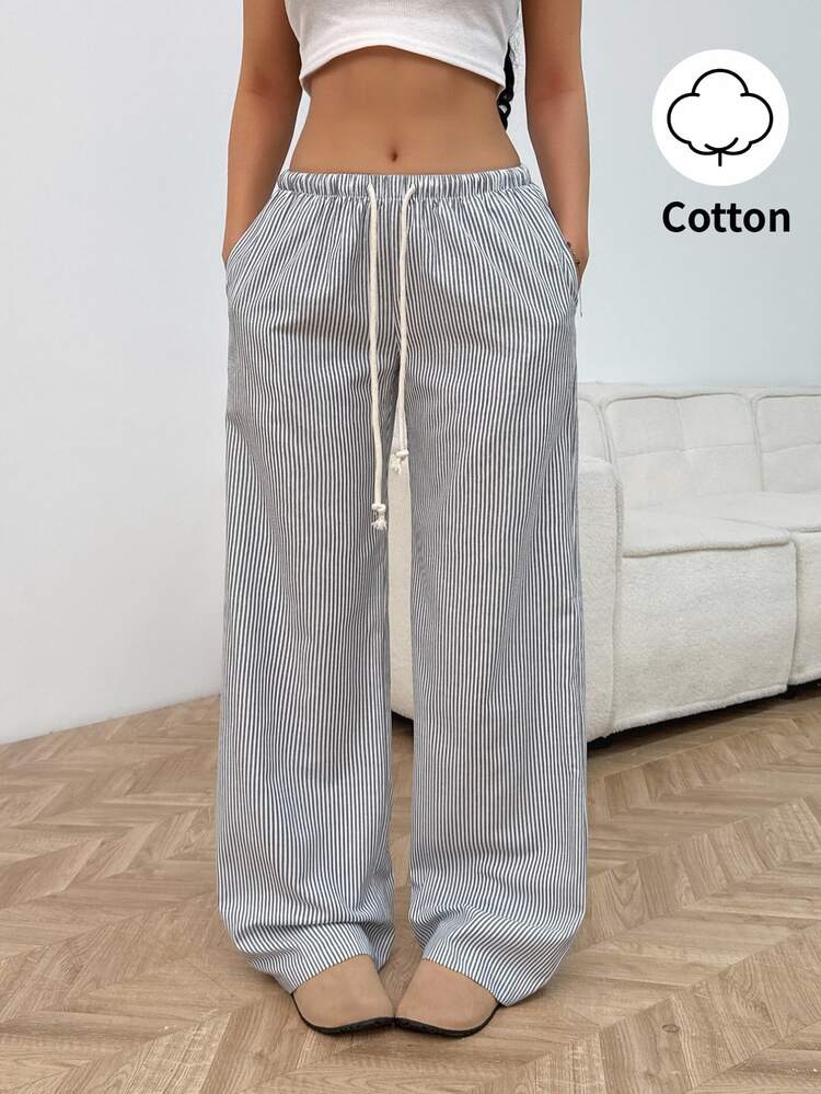 TRNVIE Pink All Cotton Low Waist Drawstring Tie Straight Leg Long Pants Fashion Simple Casual Home Wear Women Spring - Navy Blue - View 1