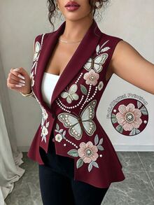 Elenzga Women's Floral Print Cinched Waist Asymmetrical Hem Sleeveless Jacket, Elegant For Date Dinner Date Night And Party Burgundy Fall - Red Violet - View 1