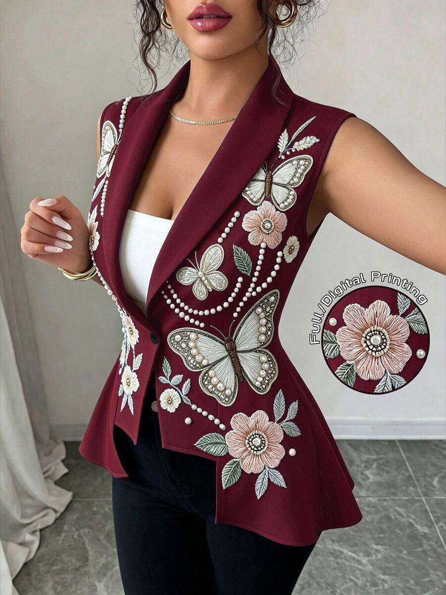 Elenzga Women's Floral Print Cinched Waist Asymmetrical Hem Sleeveless Jacket, Elegant For Date Dinner Date Night And Party Burgundy Fall - Red Violet - View 1