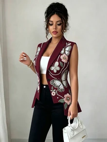 Elenzga Women's Floral Print Cinched Waist Asymmetrical Hem Sleeveless Jacket, Elegant For Date Dinner Date Night And Party Burgundy Fall - Red Violet - View 4