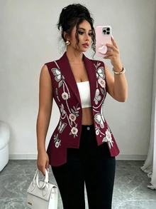 Elenzga Women's Floral Print Cinched Waist Asymmetrical Hem Sleeveless Jacket, Elegant For Date Dinner Date Night And Party Burgundy Fall - Red Violet - View 5