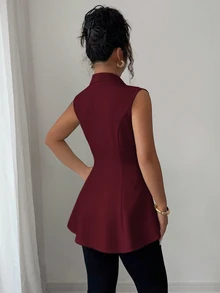 Elenzga Women's Floral Print Cinched Waist Asymmetrical Hem Sleeveless Jacket, Elegant For Date Dinner Date Night And Party Burgundy Fall - Red Violet - View 2