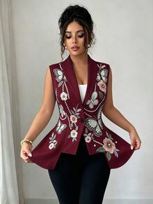 Elenzga Women's Floral Print Cinched Waist Asymmetrical Hem Sleeveless Jacket, Elegant For Date Dinner Date Night And Party Burgundy Fall - Red Violet - View 6